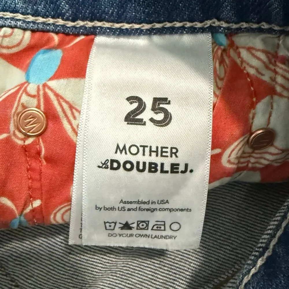 Mother La DoubleJ Button Vagabond Embroidered Blue Denim Midi Skirt Size 25 NEW